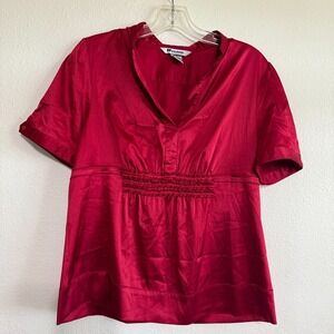 Nygard‎ Collection Blouse Womens 10P Red Satin Stretch Embroidered Split Neck